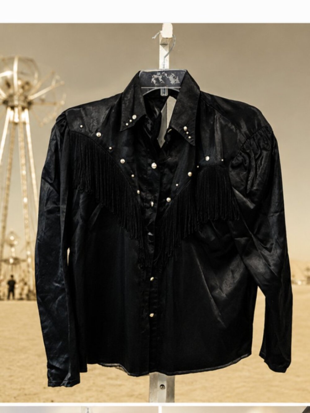 VTG 80s Black Satin Feel Fringe Studded Blouse M/L | Space Cowboy Rave